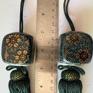 Large Porcelain Green/Gold Bead Tiebacks  (Pair)